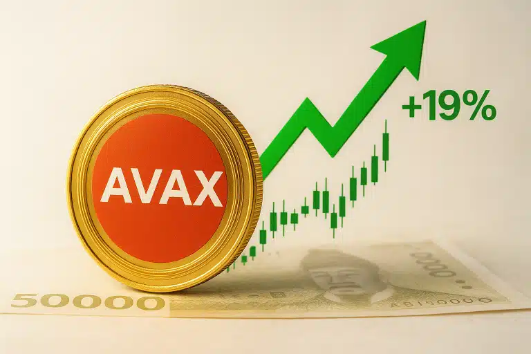 Golden AVAX cryptocurrency coin resting on a South Korean won banknote with a green candlestick chart and upward arrow indicating a 19% gain.