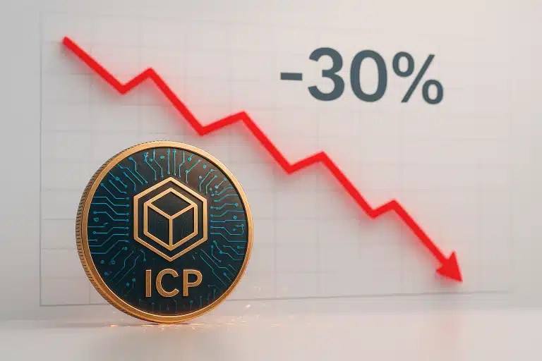 Physical Internet Computer (ICP) cryptocurrency coin in front of a graph with a red downward arrow and “-30%” indicating a sharp drop.