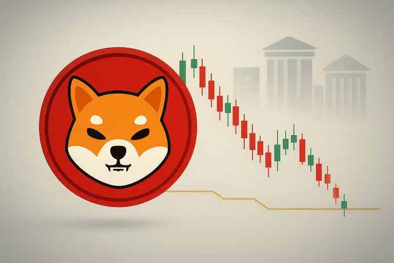 Shiba Inu cryptocurrency logo beside a declining red and green candlestick chart overlaid on muted bank building silhouettes