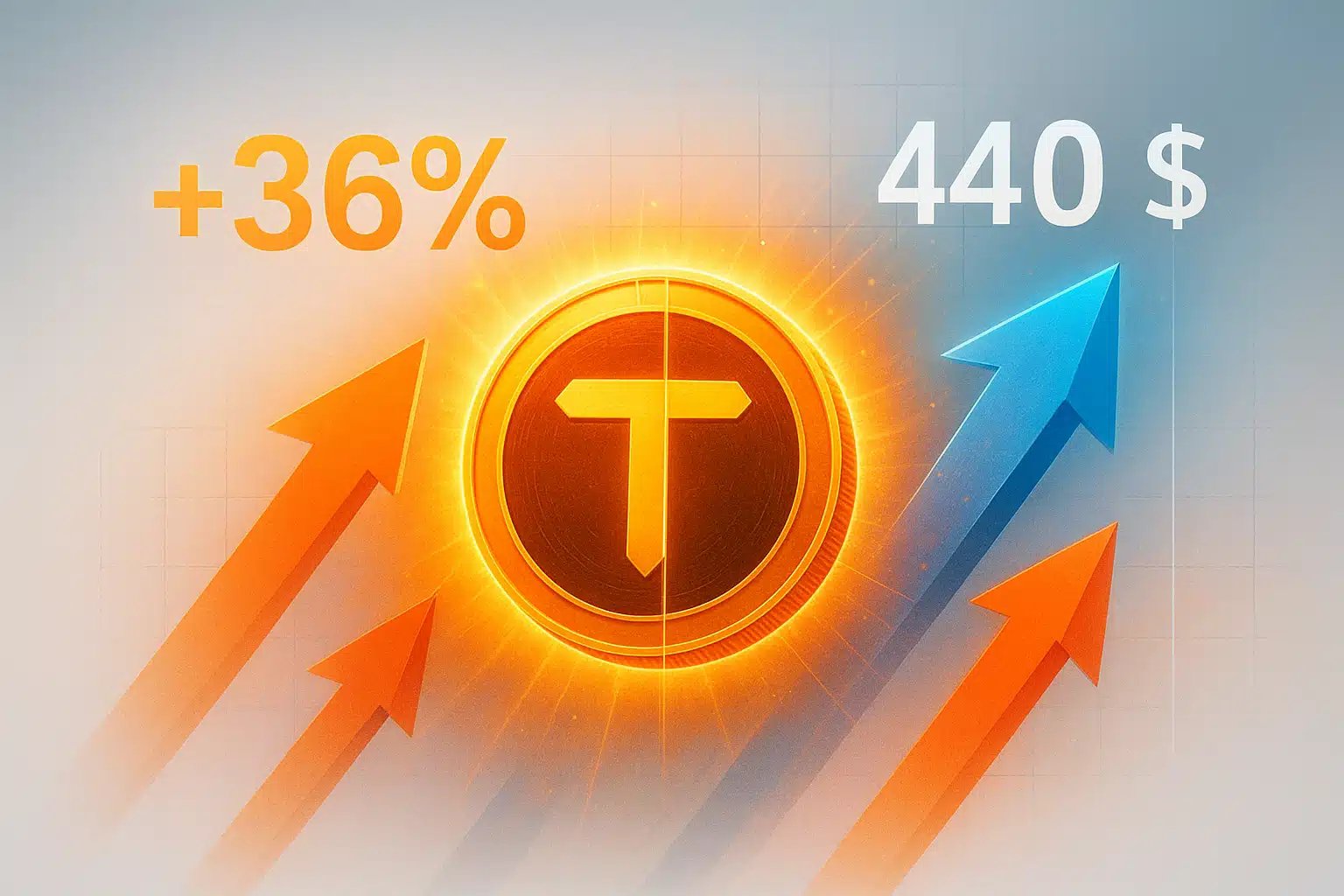 Glowing golden TAO cryptocurrency coin at center with rising orange and blue arrows, highlighting a +36% weekly gain and testing $440 resistance