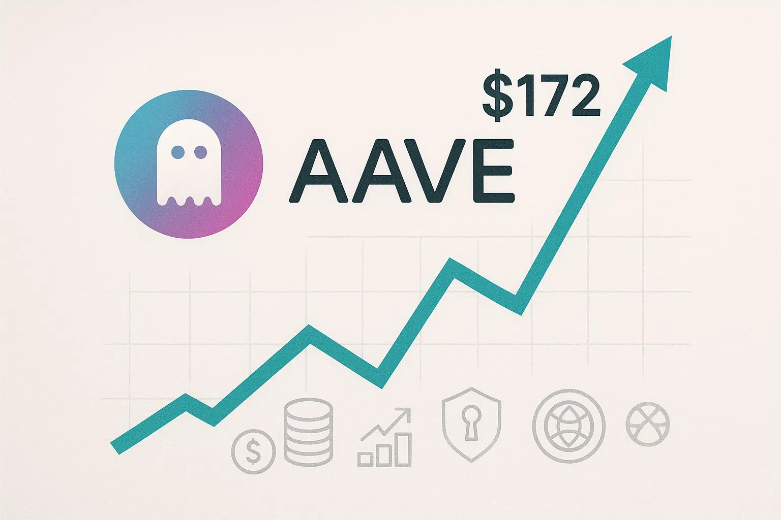 Aave ghost logo and the text ‘AAVE $172’ with a jagged teal arrow soaring upward on a grid background, accented by faint icons for money, analytics, security and networking.