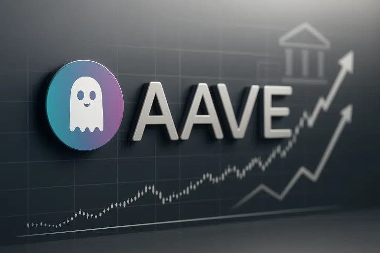 A white ghost logo inside a purple-blue circle alongside silver “AAVE” text, set against a dark candlestick chart with rising arrows and a bank icon, illustrating bullish momentum and institutional interest.