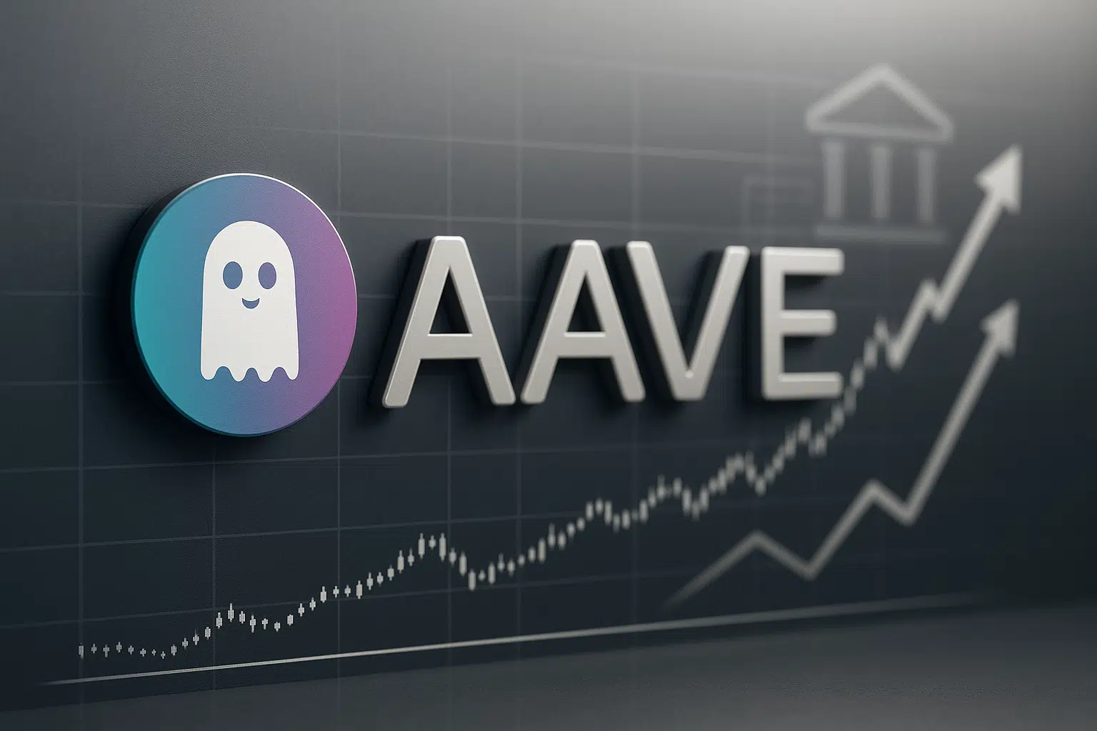 A white ghost logo inside a purple-blue circle alongside silver “AAVE” text, set against a dark candlestick chart with rising arrows and a bank icon, illustrating bullish momentum and institutional interest.