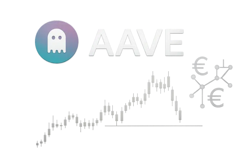 AAVE logo and name overlaid on a rising candlestick price chart, with interconnected euro symbol nodes in the background, symbolizing euro stablecoin integration after MiCA approval.
