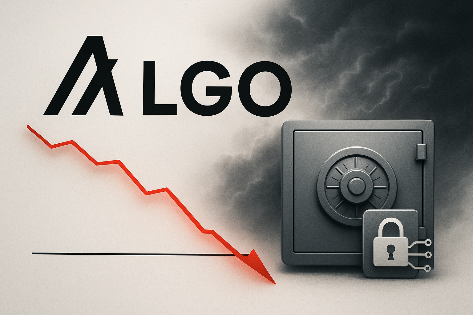 Bold black “ALGO” text above a red zigzag arrow trending sharply downward toward a gray vault with a circuit-style padlock icon, set against a light-to-dark cloudy backdrop.