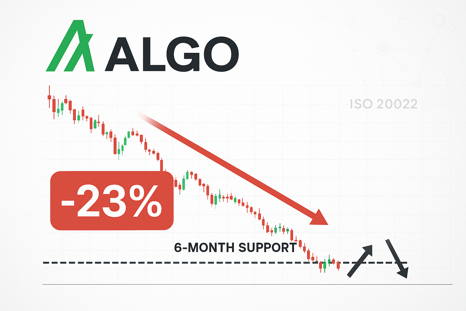 Algorand logo above a declining candlestick chart with a bold red arrow marking a 23% monthly drop, a dashed line indicating six-month support, and black arrows suggesting a potential rebound or further breakdown as “ISO 20022” looms in the background.