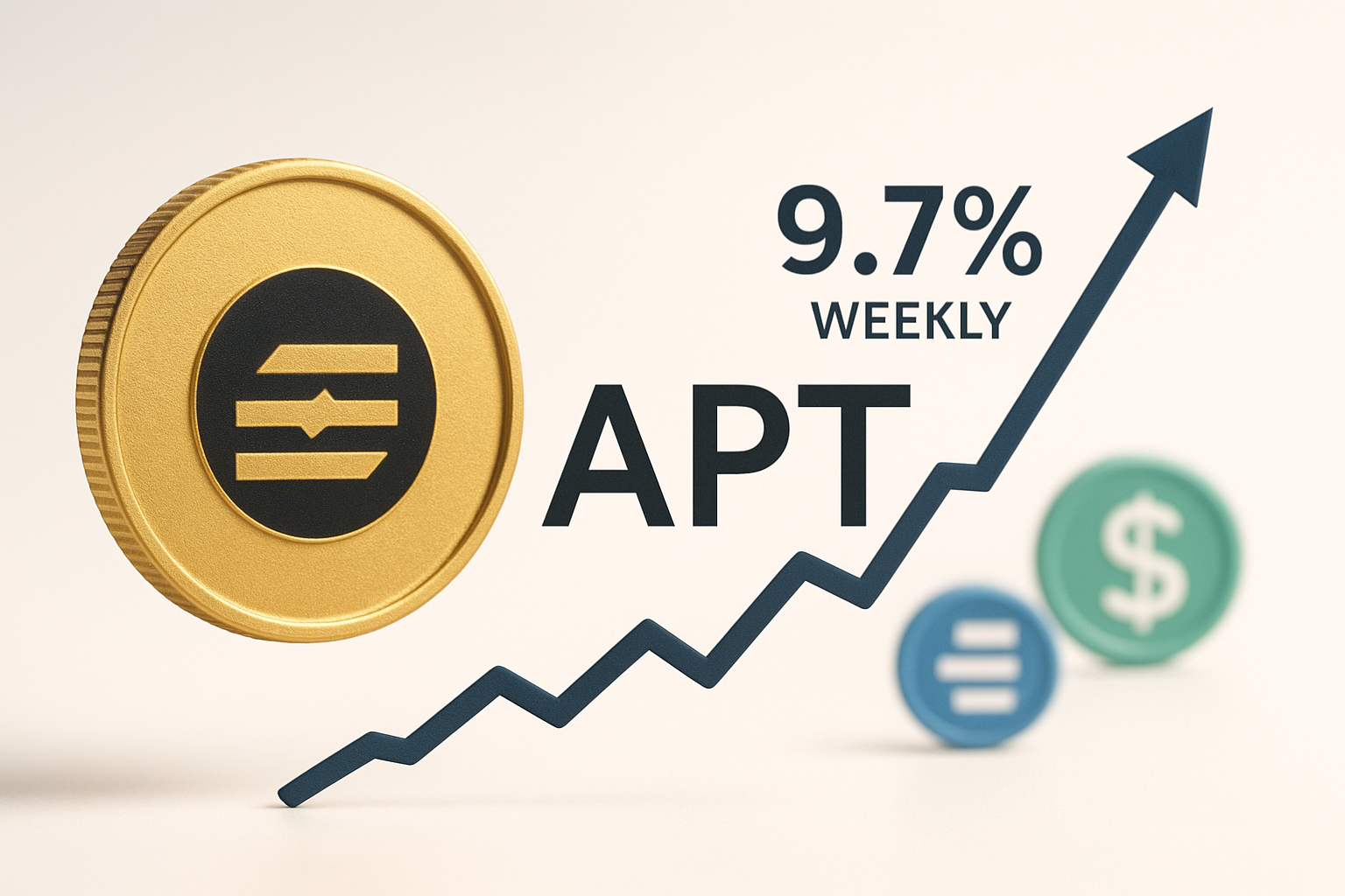 Gold coin featuring the Aptos logo alongside large text “9.7% Weekly” and “APT” over a rising arrow chart, with green dollar and blue equal-sign coins blurred in the background.