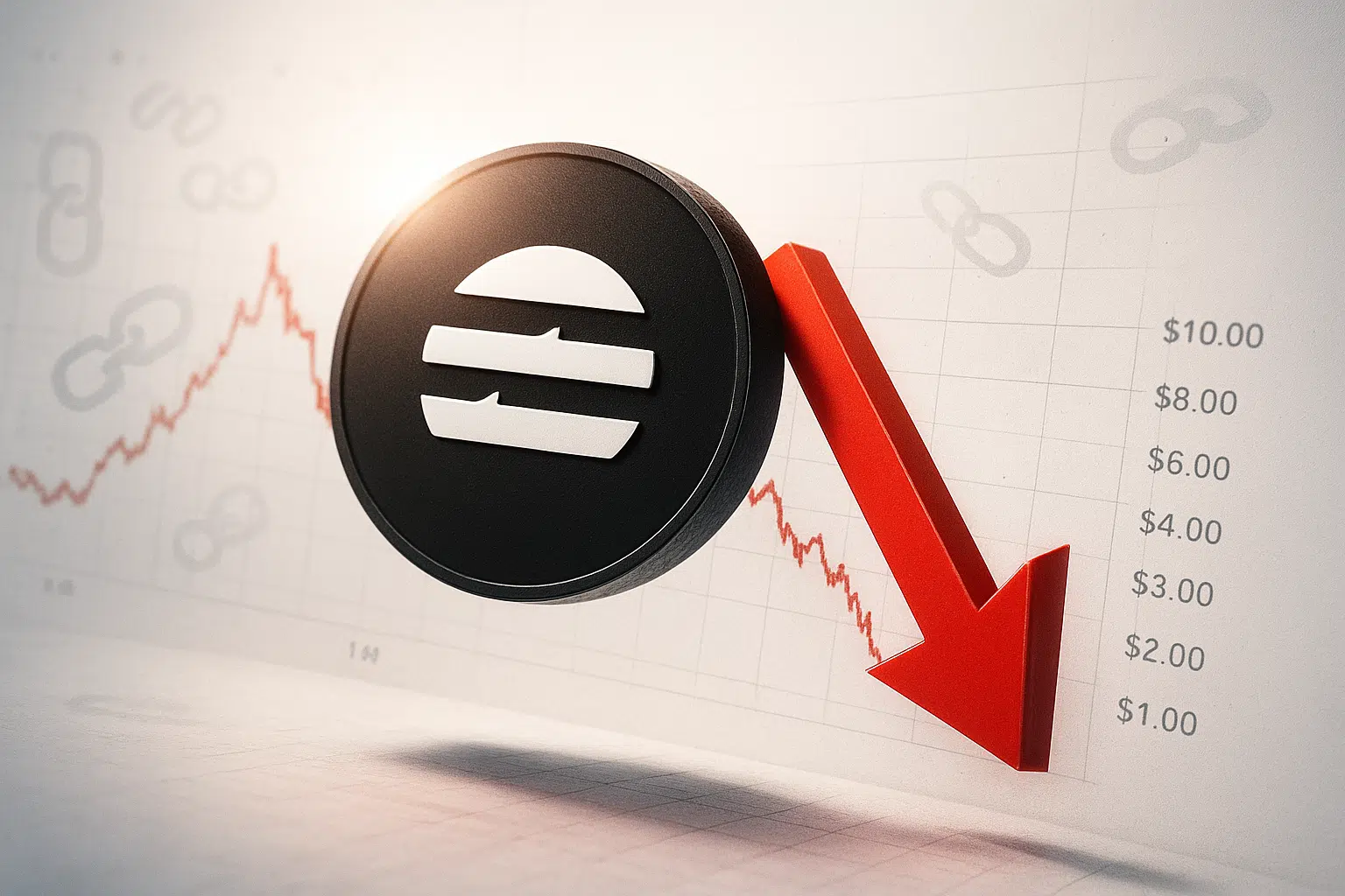 Black and white APT cryptocurrency token next to a bold red arrow plummeting over a background chart showing prices falling from $10 to under $1, illustrating a slide to multi-year lows