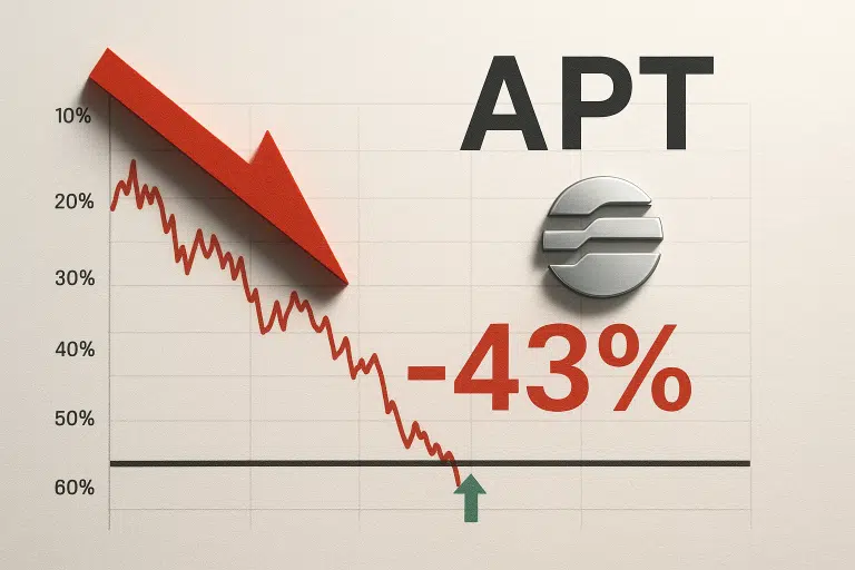 Line chart showing APT’s steep monthly drop with a large red arrow and line graph falling to –43% at a 60% support level, marked by a green arrow and the APT logo signaling hopeful stablecoin integration.