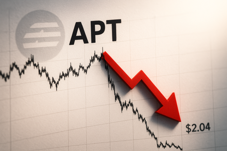 Stylized chart showing “APT” at the top, a jagged black price line plummeting and a bold red downward arrow pointing to $2.04.