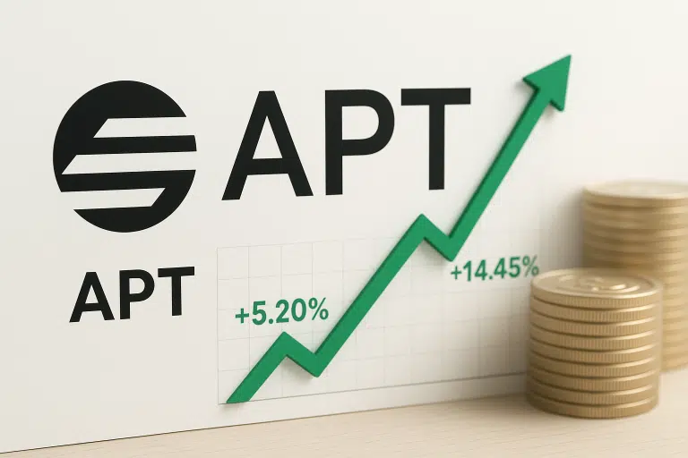 APT logo alongside a green upward-trending arrow chart showing +5.20% and +14.45% gains, with stacks of coins symbolizing a price rebound and network revival.