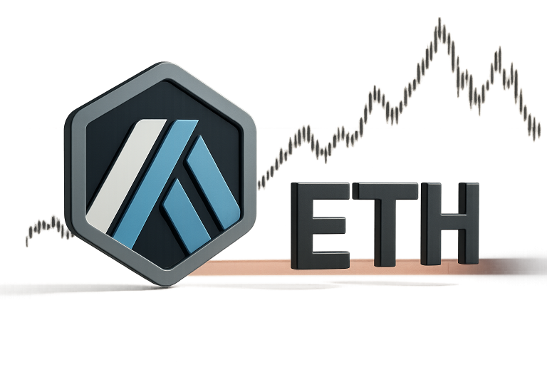 3D-rendered Arbitrum logo beside bold “ETH” letters over a background of a candlestick chart showing market fluctuations