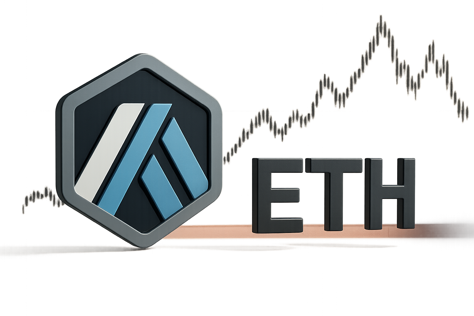 3D-rendered Arbitrum logo beside bold “ETH” letters over a background of a candlestick chart showing market fluctuations