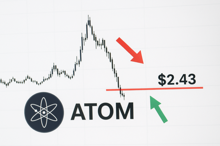 Chart of ATOM token price candlesticks plunging to a red support line marked $2.43, with a red downward arrow, green upward arrow, and ATOM logo beneath.