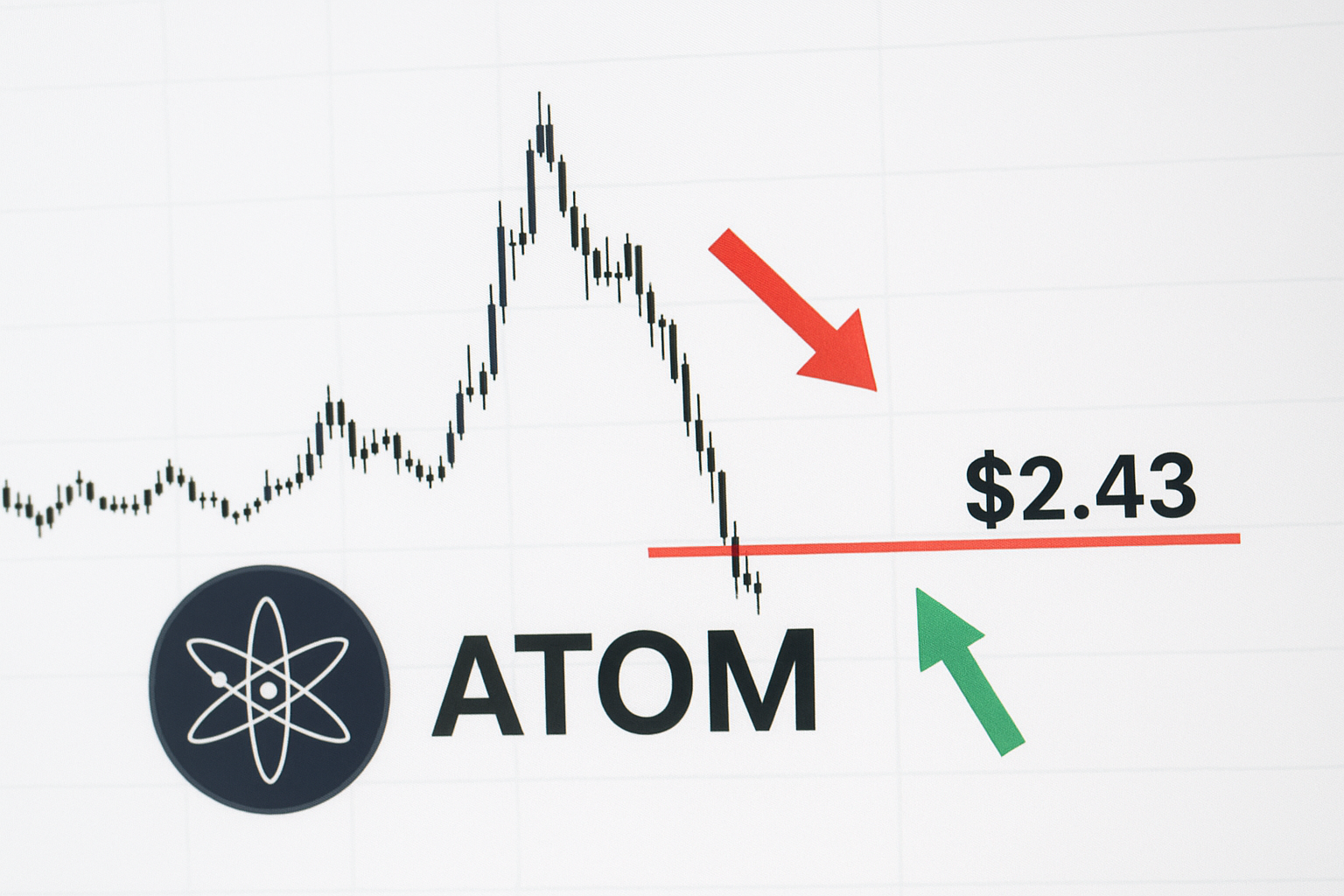 Chart of ATOM token price candlesticks plunging to a red support line marked $2.43, with a red downward arrow, green upward arrow, and ATOM logo beneath.