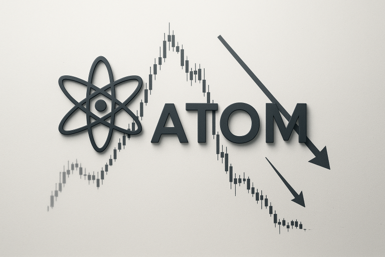 ATOM cryptocurrency logo and atom icon overlaid on a candlestick price chart that peaks then plunges, with bold downward arrows highlighting a sharp drop toward December lows.