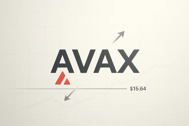 Illustration of Avalanche (AVAX) logo and ticker price consolidating at $15.64 with a support line and arrows pointing up and down over a faint price chart background.