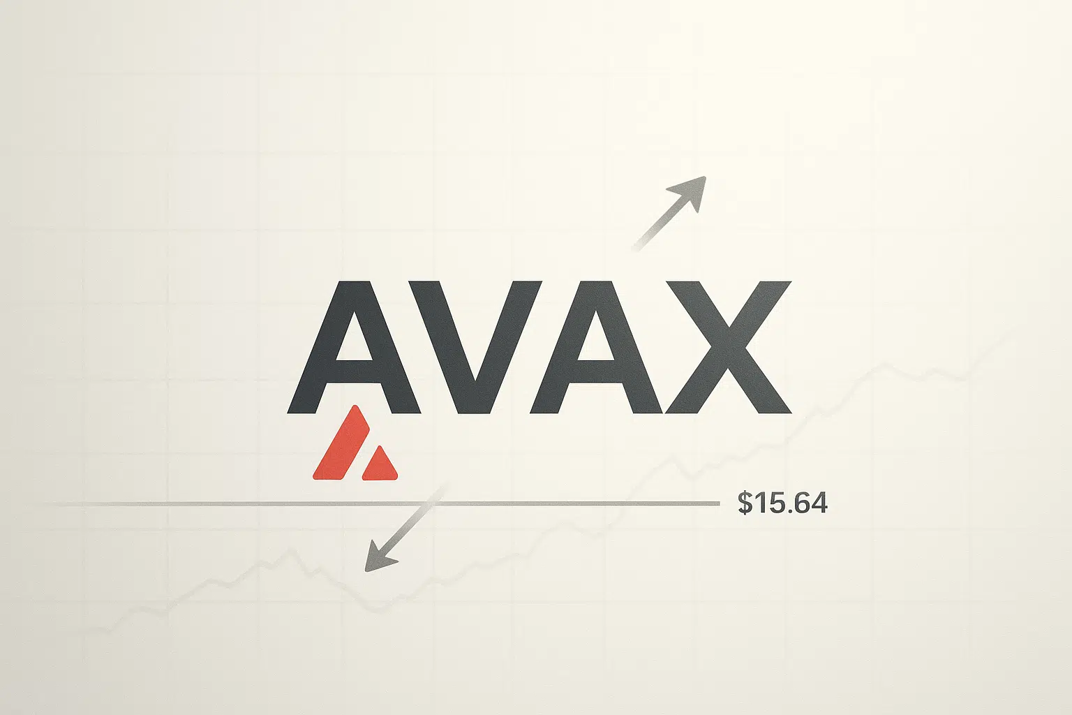 Illustration of Avalanche (AVAX) logo and ticker price consolidating at $15.64 with a support line and arrows pointing up and down over a faint price chart background.