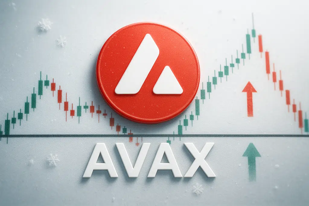 Red Avalanche (AVAX) coin with white tri-fold logo placed over a green and red candlestick price chart, accented by upward and downward arrows and “AVAX” lettering beneath.