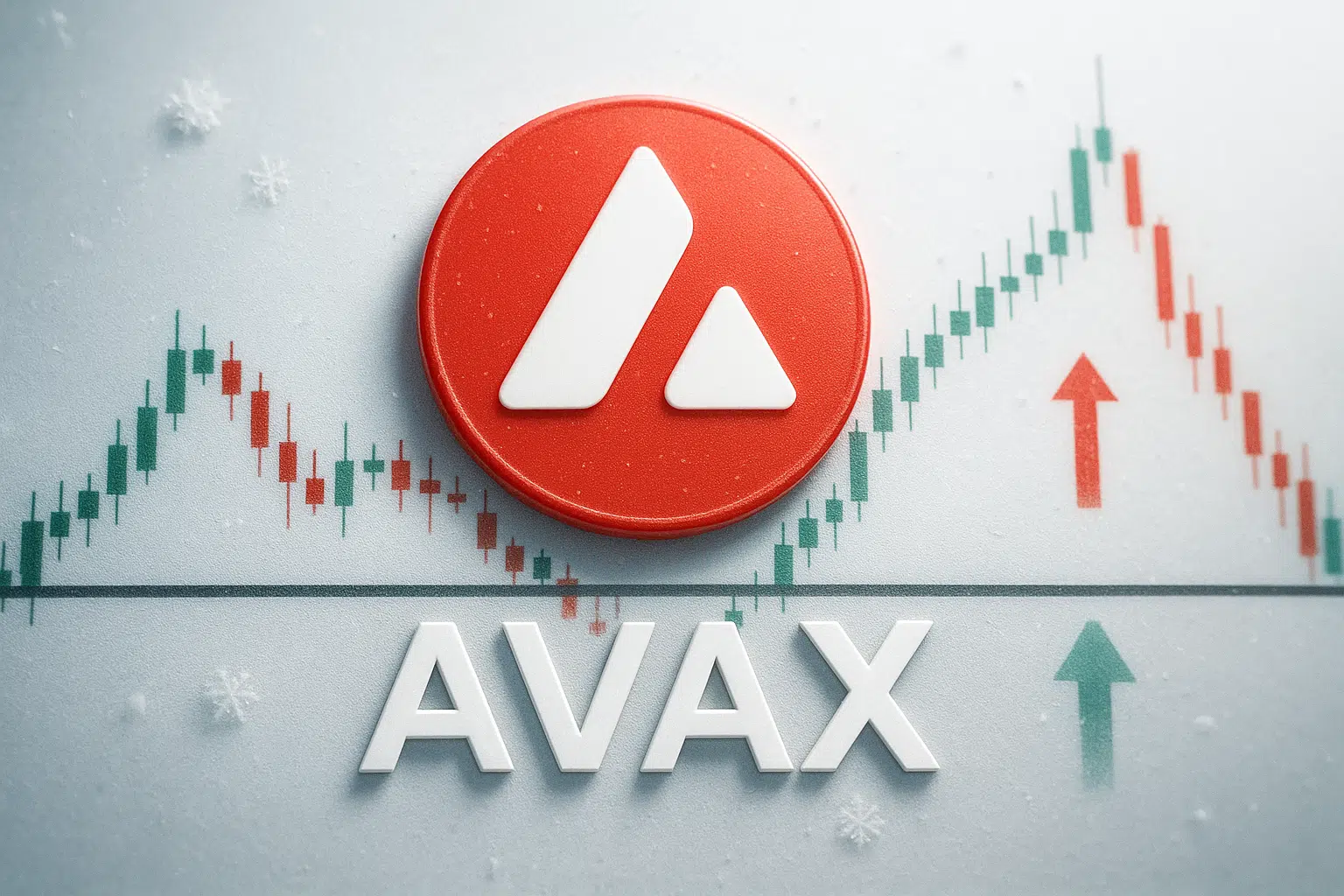 Red Avalanche (AVAX) coin with white tri-fold logo placed over a green and red candlestick price chart, accented by upward and downward arrows and “AVAX” lettering beneath.