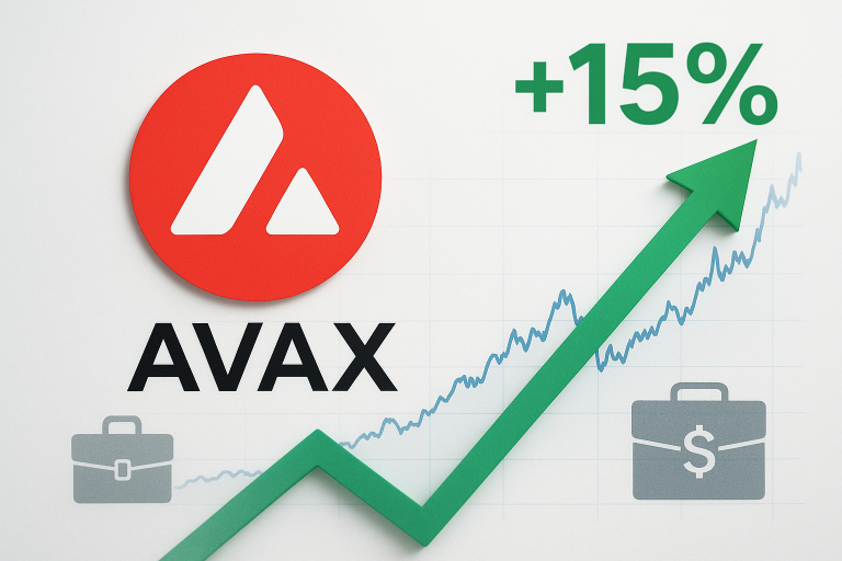 Avalanche (AVAX) logo beside a green upward-pointing arrow over a rising price chart, with “+15%” in bold green and briefcase icons symbolizing institutional investment.