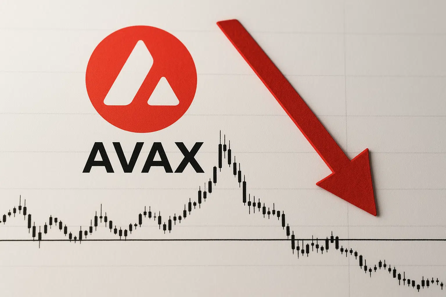 Red AVAX logo above a candlestick price chart showing a peak then steep decline toward a horizontal support line, highlighted by a large red downward arrow.