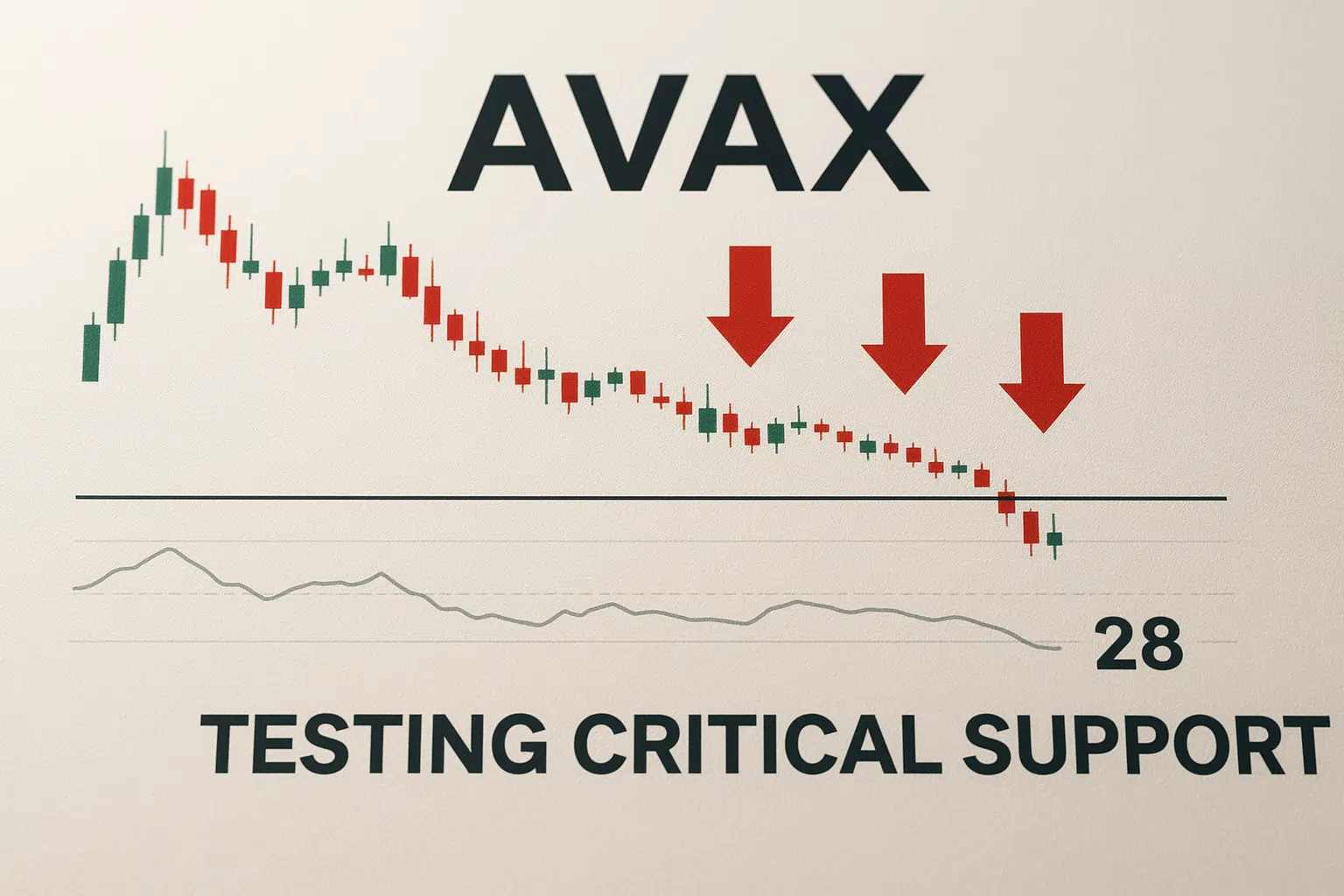 AVAX price candlestick chart sloping downward toward a drawn horizontal support line, highlighted by three large red downward arrows, with an RSI indicator line below dipping to 28 signaling exhaustion.