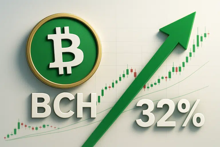 Bitcoin Cash coin icon beside a rising green candlestick chart and an upward arrow indicating a 32% increase