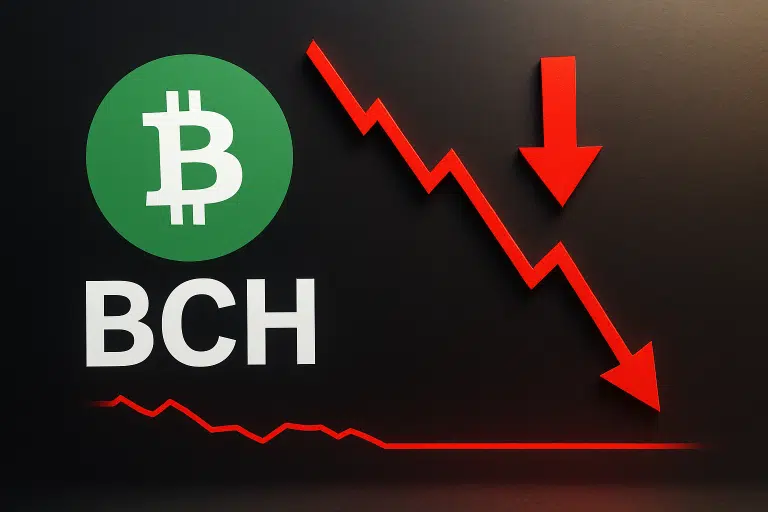 Green Bitcoin Cash logo and “BCH” text on a dark background with a red jagged downward arrow and line indicating a steep price decline.