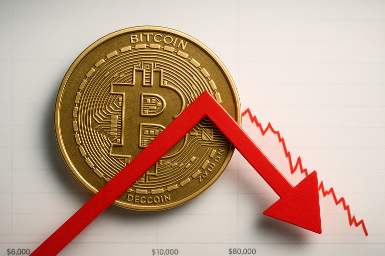 Golden Bitcoin coin beside a red downward-pointing arrow over a price chart, illustrating Bitcoin’s plunge below $100,000.