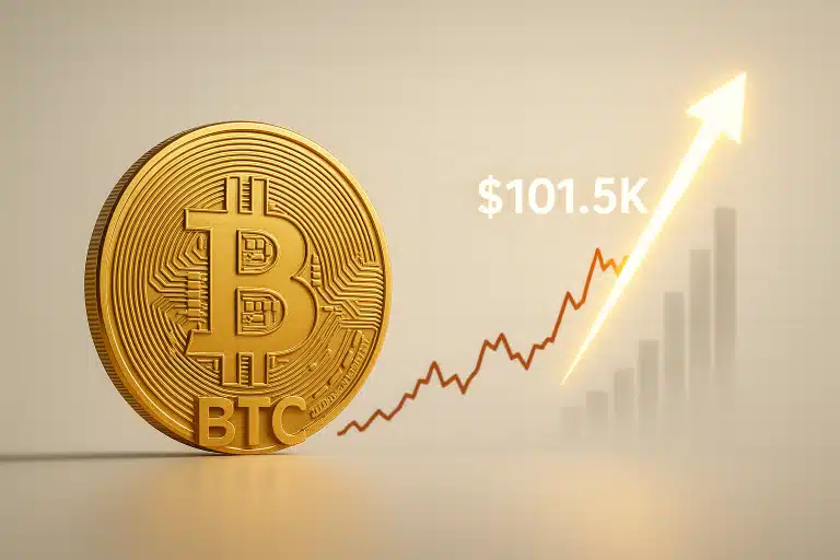 A gold Bitcoin coin in the foreground with a background chart showing a price surge to $101.5K, highlighted by a glowing upward arrow and rising bar graph