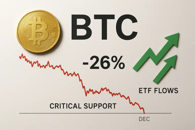 Illustration showing a gold Bitcoin coin beside the letters “BTC” and “-26%,” a red downward-sloping price chart labeled “Critical Support” ending at “Dec,” and green upward arrows labeled “ETF Flows.”