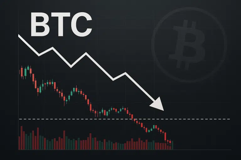 Dark-themed Bitcoin chart labeled “BTC” showing red and green candlesticks and volume bars, a dashed horizontal support line, and a bold white arrow pointing downward indicating price testing critical support.