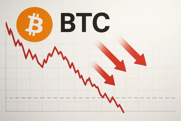 Line chart showing a steep decline in Bitcoin price with red downward arrows beside the Bitcoin logo and “BTC” label