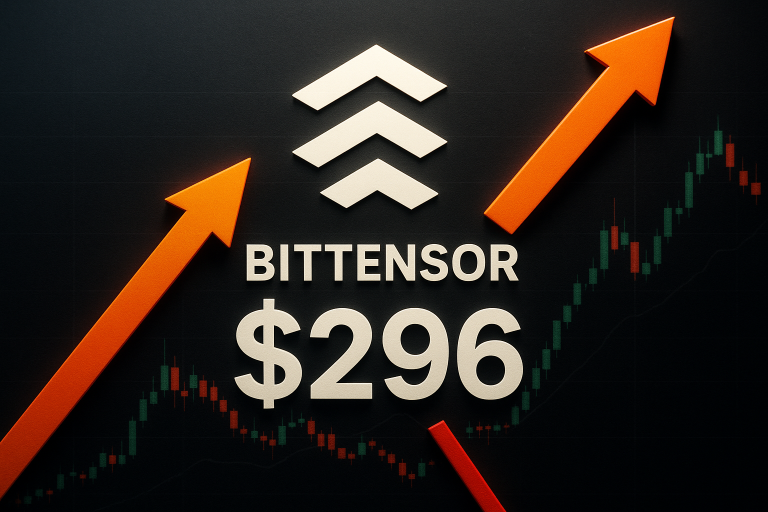 Centered bold white text “BITTENSOR $296” over a dark candlestick chart background, highlighted by three white upward chevrons and orange arrows indicating a sharp price rally.