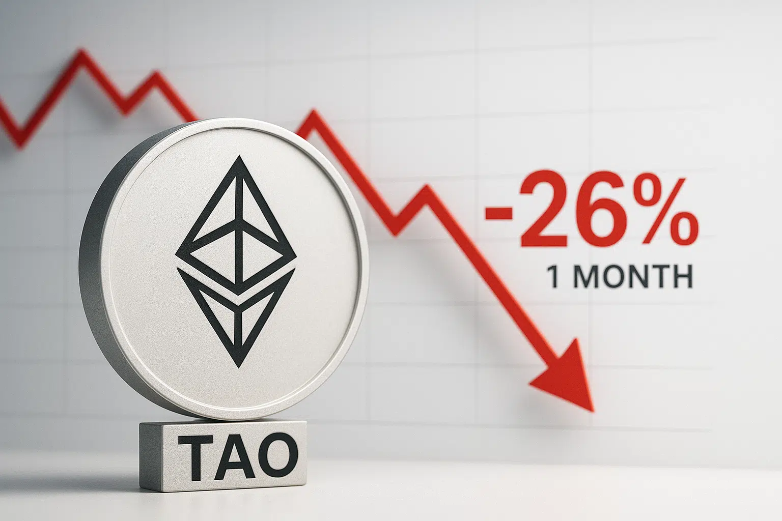 Silver Bittensor TAO coin with its geometric logo in front of a white background chart displaying a red downward arrow and “-26% 1 Month,” symbolizing the token’s monthly decline.