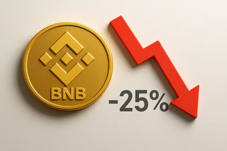 Golden Binance BNB coin with a red downward arrow and -25% text illustrating a 25% price plunge.