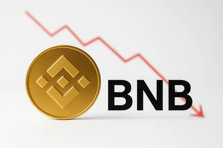 Gold Binance coin bearing the BNB logo beside bold “BNB” text with a red downward arrow indicating a price drop toward $900 support