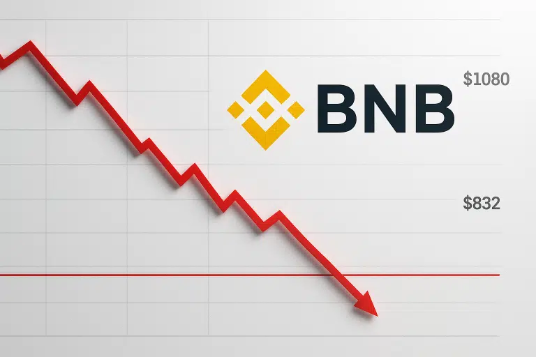 Binance BNB logo with a red descending price chart illustrating a drop from $1,080 to critical support at $832