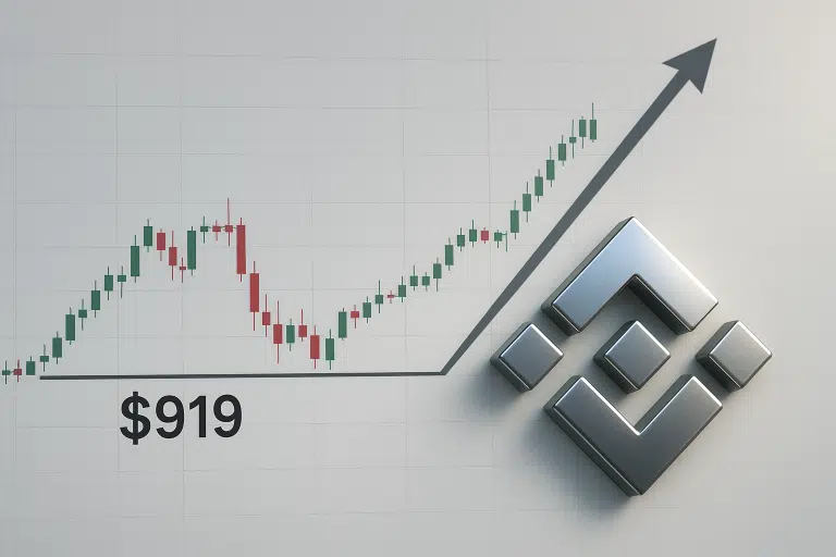 A candlestick price chart showing BNB testing a horizontal support line at $919 before reversing into an upward trend under a bold arrow, accompanied by the Binance logo.