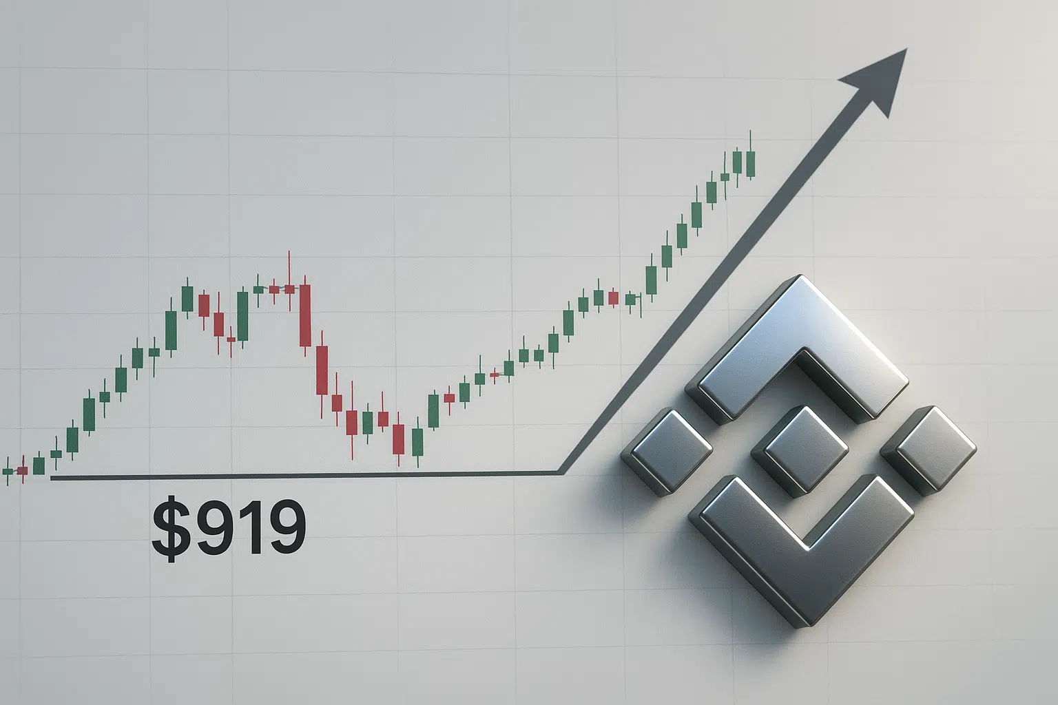 A candlestick price chart showing BNB testing a horizontal support line at $919 before reversing into an upward trend under a bold arrow, accompanied by the Binance logo.