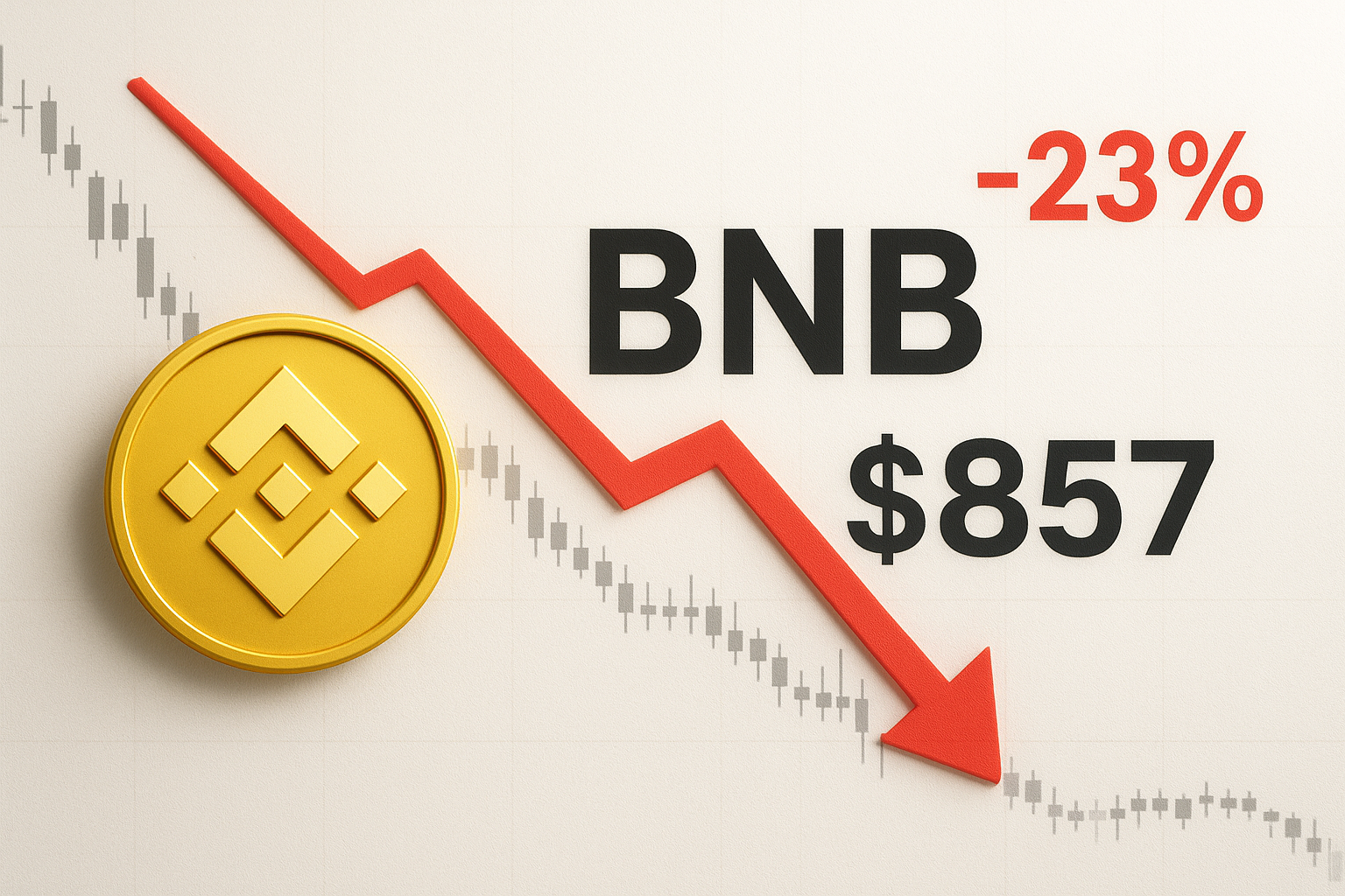 Golden Binance coin alongside a red downward arrow and falling candlestick chart labeled -23% and $857.
