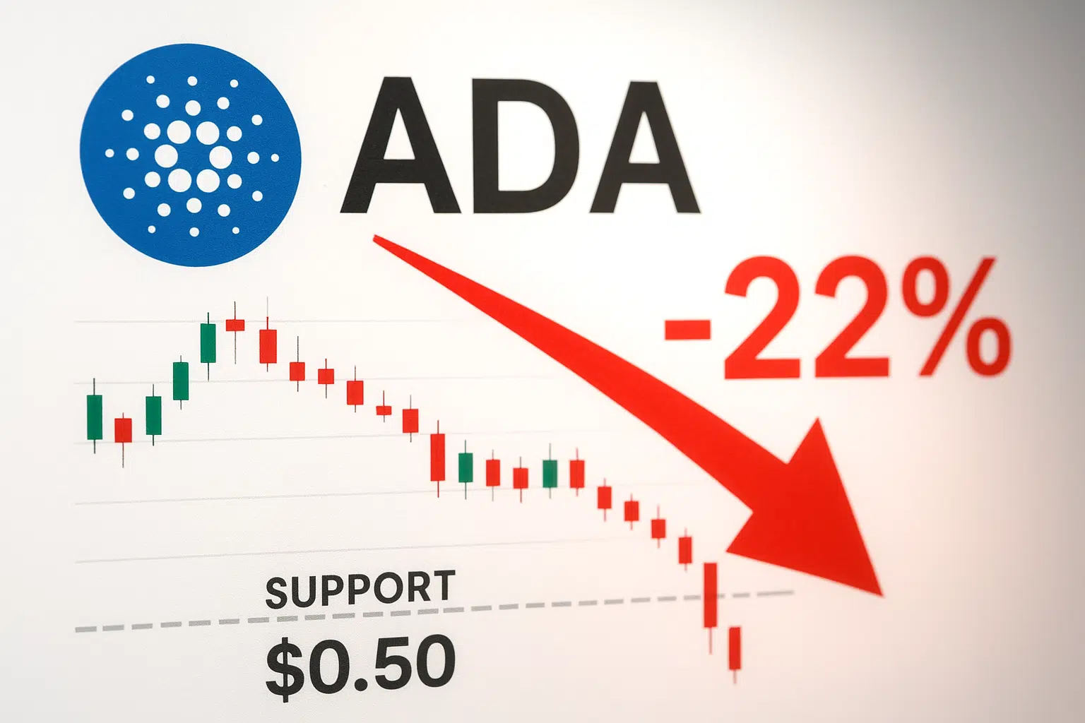 Cardano logo and “ADA” text above a downward-trending candlestick chart, a large red arrow pointing down with “-22%,” and a dashed support line labeled “$0.50.”