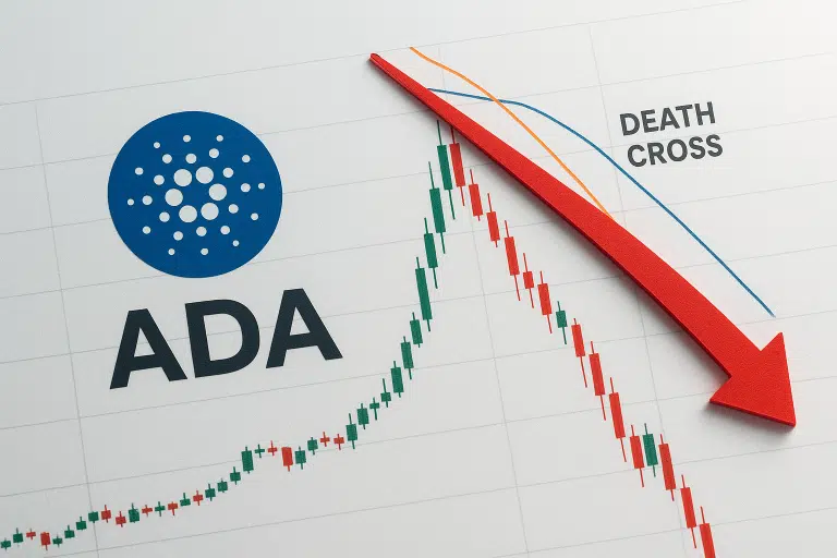 Cardano ADA logo beside a candlestick chart that peaks then plunges sharply, with two moving average lines crossing in a “Death Cross” and a large red arrow pointing downward.