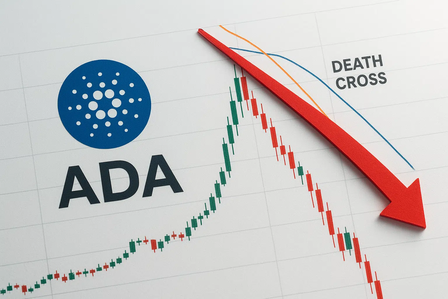 Cardano ADA logo beside a candlestick chart that peaks then plunges sharply, with two moving average lines crossing in a “Death Cross” and a large red arrow pointing downward.