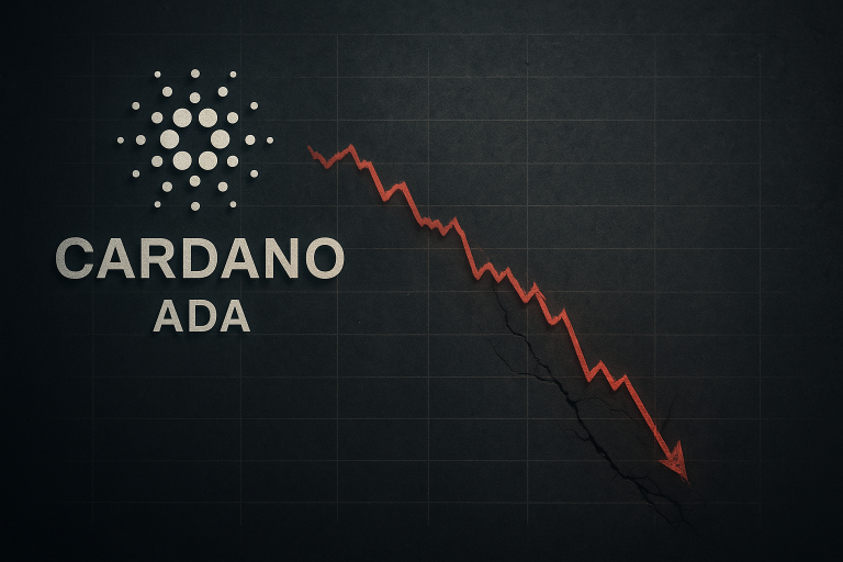 Cardano ADA logo beside a jagged red downward chart arrow plunging through cracks on a dark grid background, symbolizing a slump to multi-year lows and market capitulation phase.