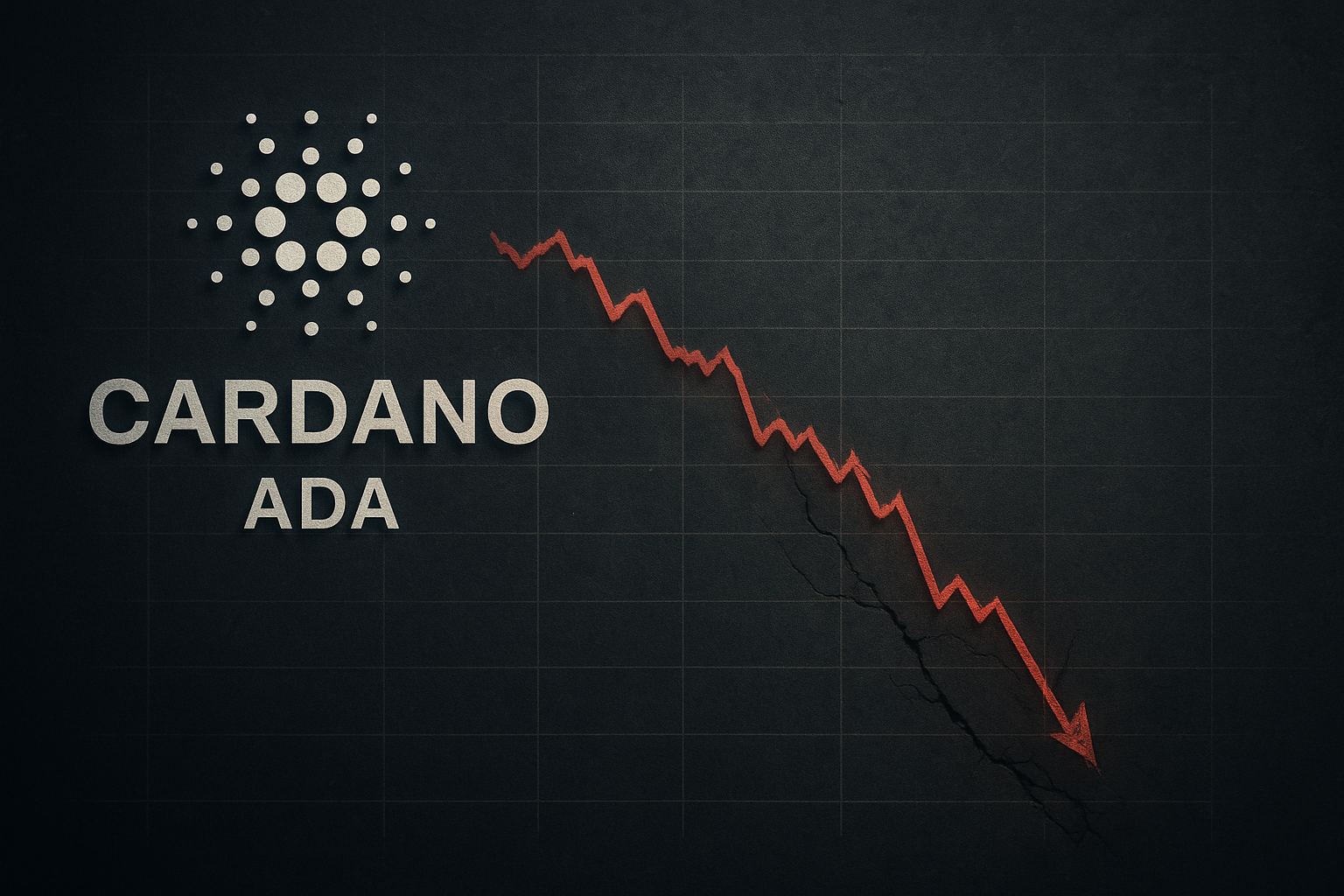 Cardano ADA logo beside a jagged red downward chart arrow plunging through cracks on a dark grid background, symbolizing a slump to multi-year lows and market capitulation phase.