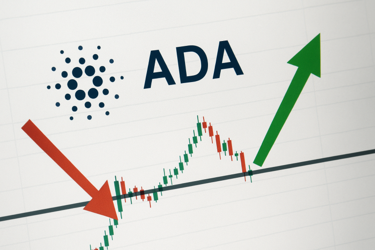 Cardano ADA logo atop a candlestick price chart testing a bold horizontal support line, with a red arrow pointing down and a green arrow pointing up illustrating selling pressure and potential ETF-driven rebound.