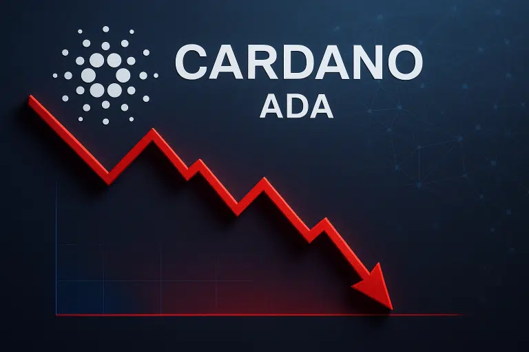 Cardano ADA logo and name above a dark grid background with a red jagged arrow sharply falling toward a flat support line