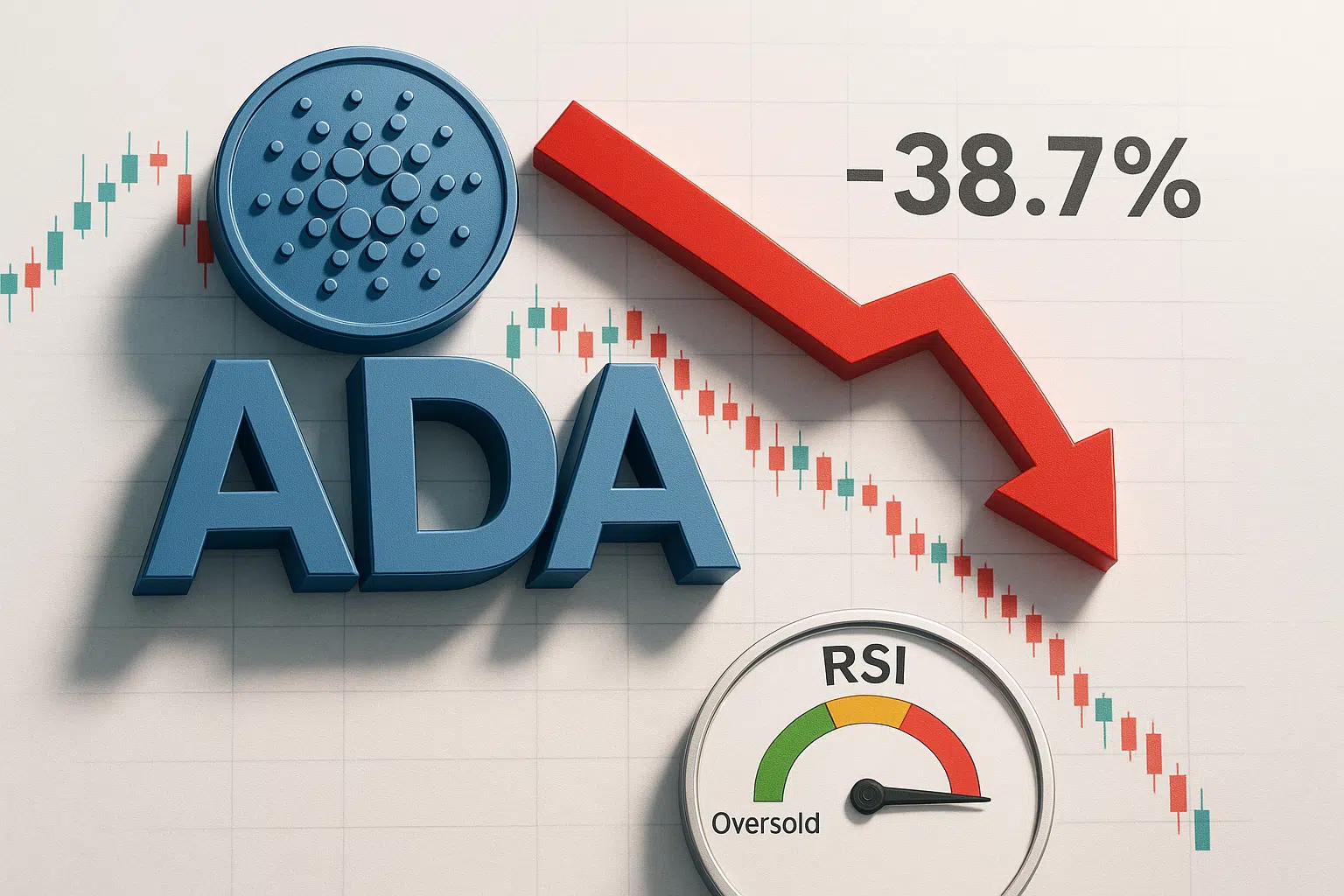 Cardano logo and “ADA” text over a falling candlestick chart, with a red arrow indicating –38.7% and an RSI gauge pointing to the oversold zone.